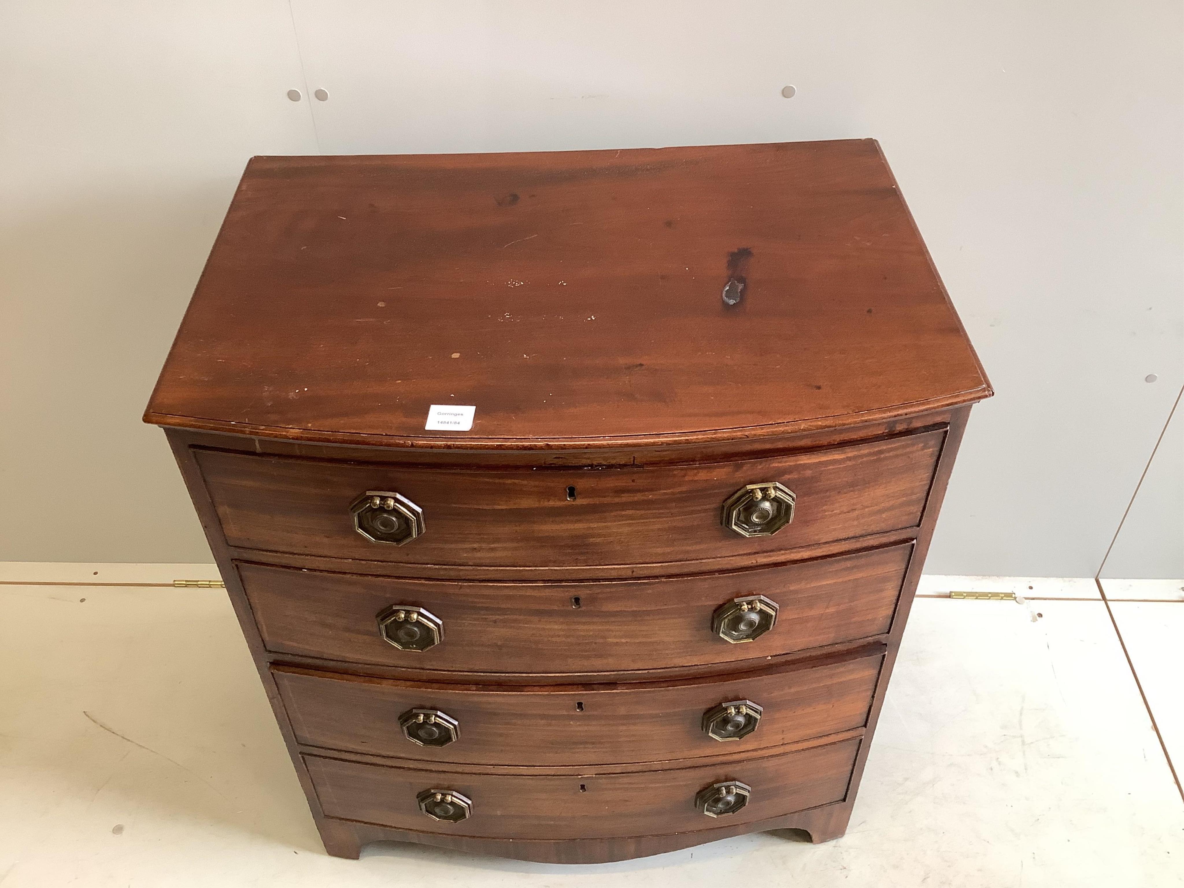 A small Regency mahogany bowfront chest, width 75cm, depth 52cm, height 84cm. Condition - fair
